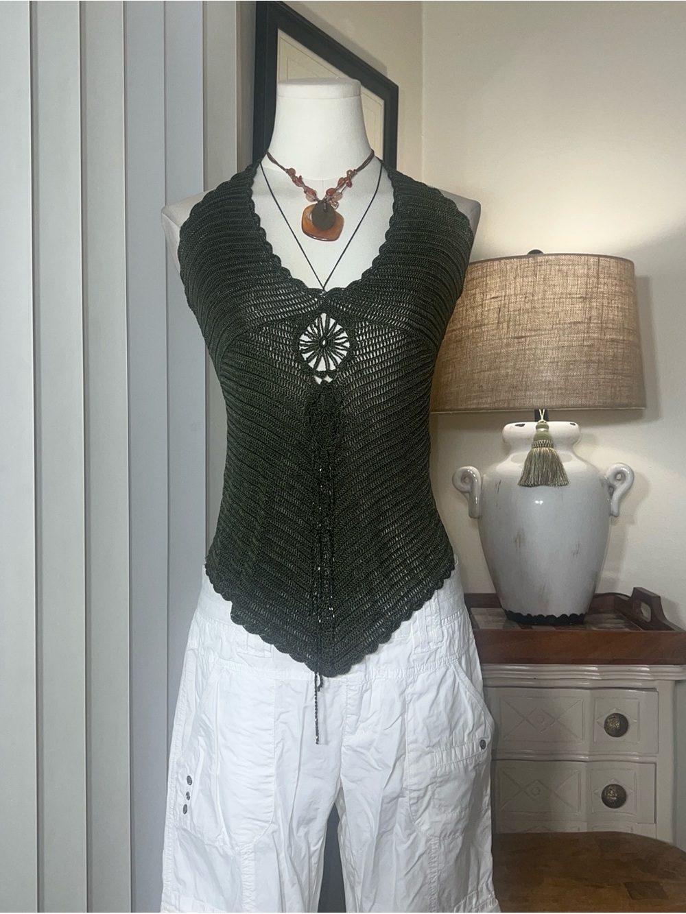 Y2K Bebe Dark Green Crochet Halter Top with Center Medallion